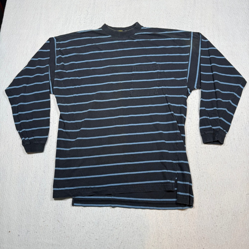 Vintage OshKosh B'gosh Mens Large Black Blue Striped Long Sleeve Pocket T-Shirt